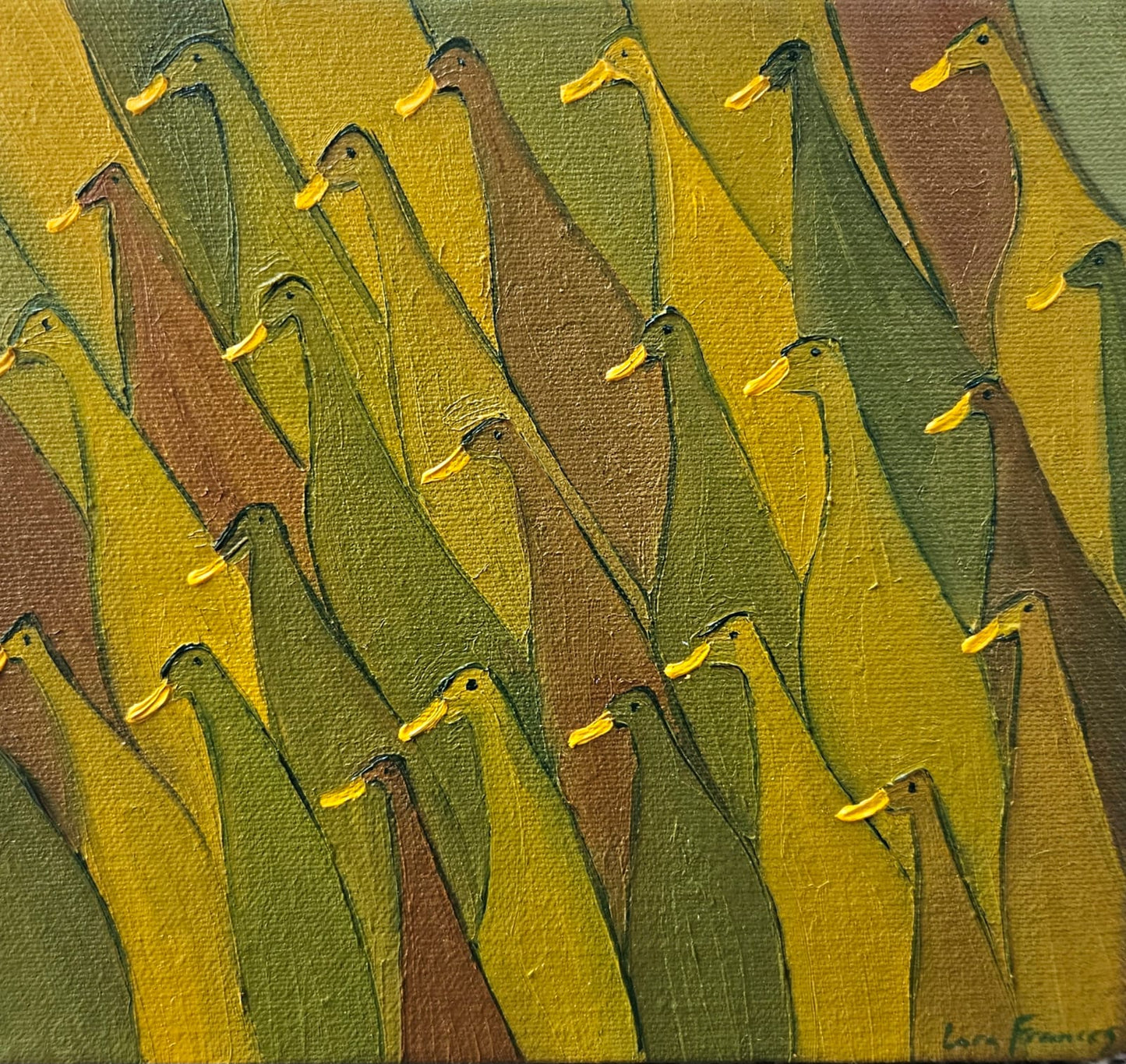 mini runner ducks in shades of chartreuse