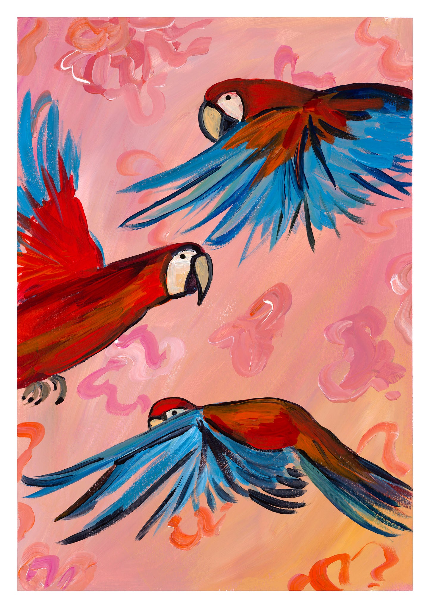 red parrots in flight