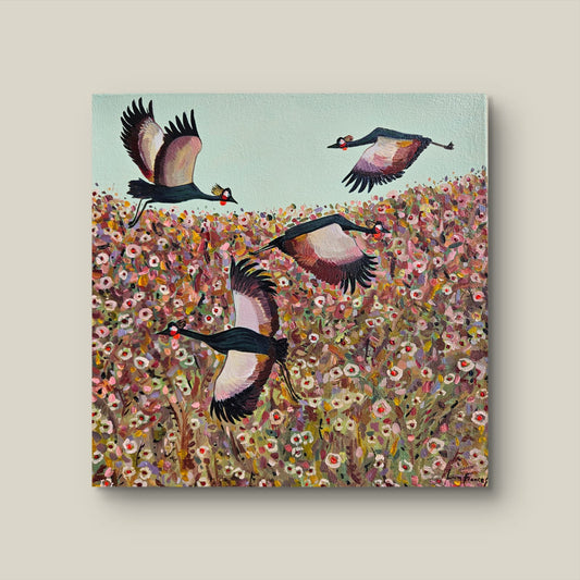 crowned cranes in flower fields