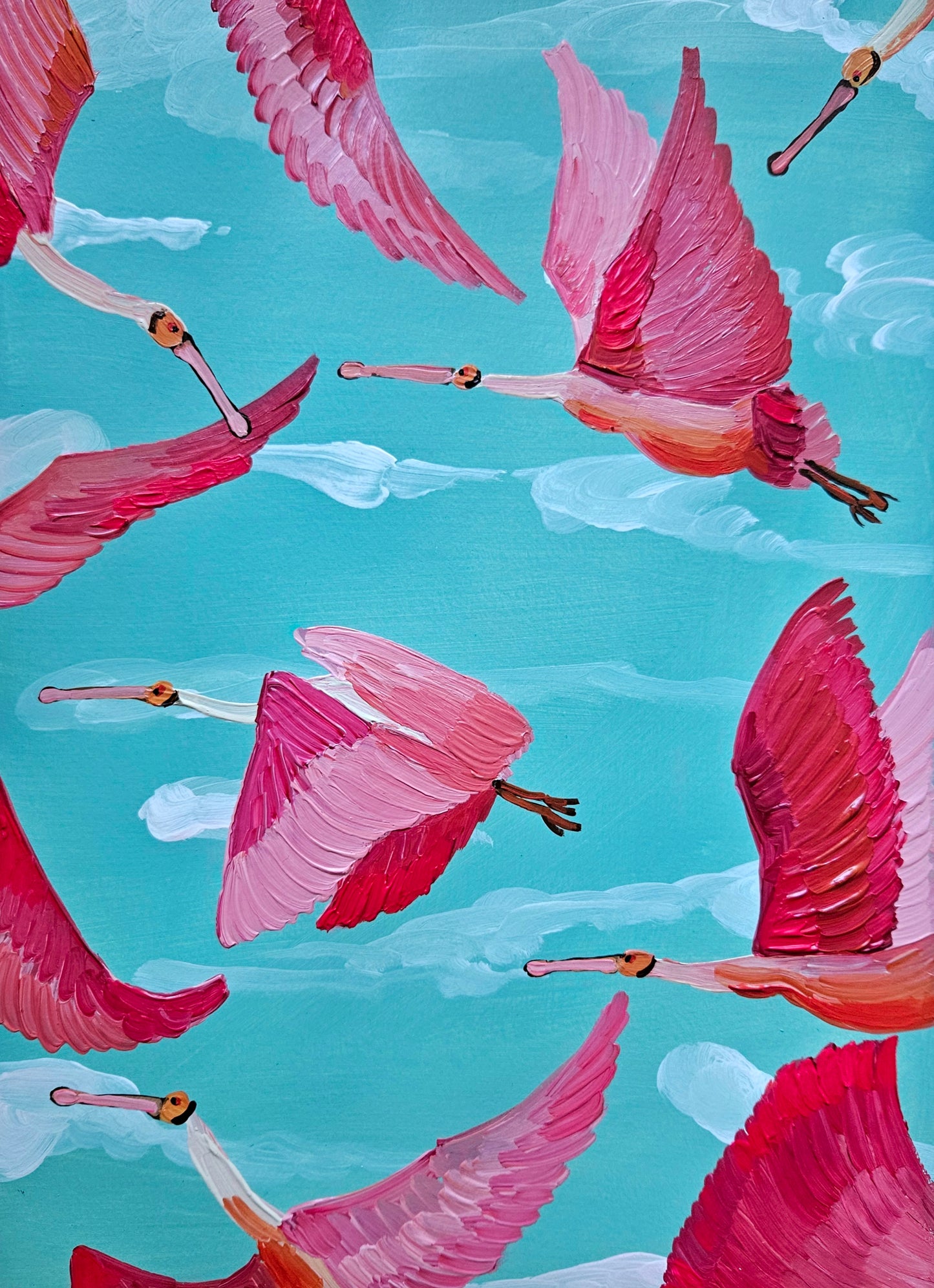 roseate spoonbills in flight II
